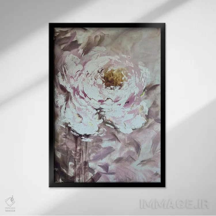 تابلو انتزاعی گل صدتومانی رنگ کاپوچینو اثر مارینا اسکرمووا - نمای قابدار مشکی