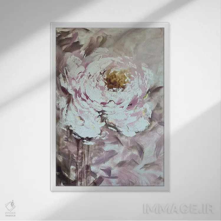 تابلو انتزاعی گل صدتومانی رنگ کاپوچینو اثر مارینا اسکرمووا - نمای قابدار سفید