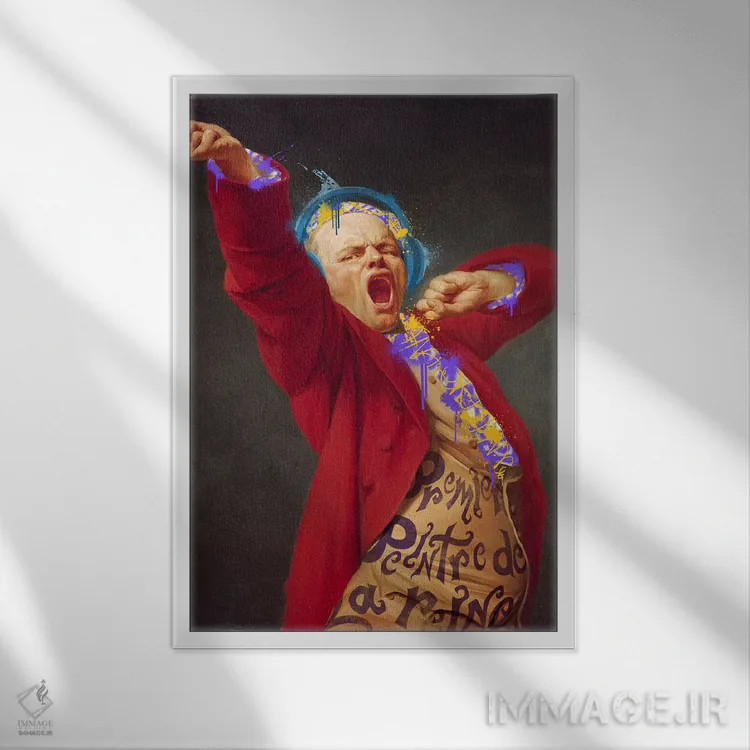 تابلو دکوراتیو خودنگاره، خمیازه - مردی با هدفون که خمیاژه می کشد اثر فایو بای فایو کالکتیو - نمای قابدار سفید