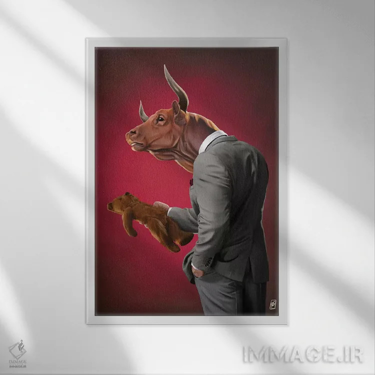 تابلو دکوراتیو گاو نر اثر راب اسنو - نمای قابدار سفید