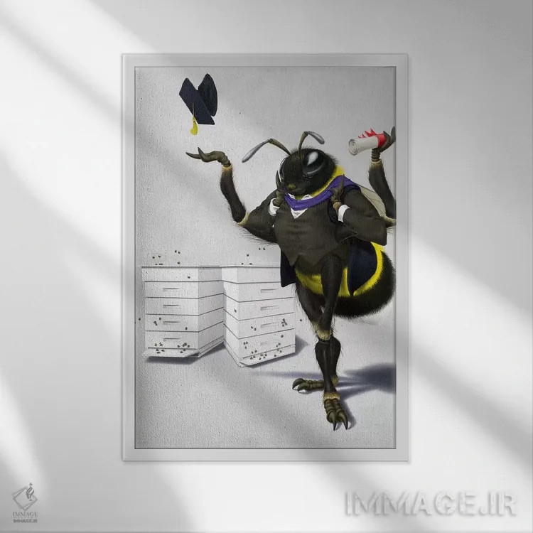 تابلو دکوراتیو زنبور بودن یا نبودن ۲ اثر راب اسنو - نمای قابدار سفید