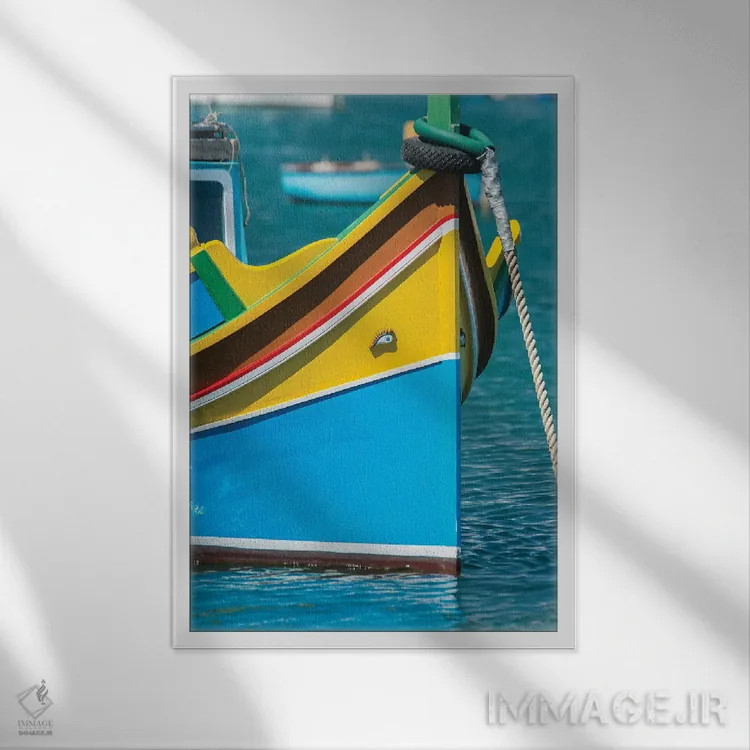 تابلو دکوراتیو Marsaxlokk, traditional fishing boat,مالت، مرزاکسلوک، قایق ماه… اثر راب تیلی - نمای قابدار سفید