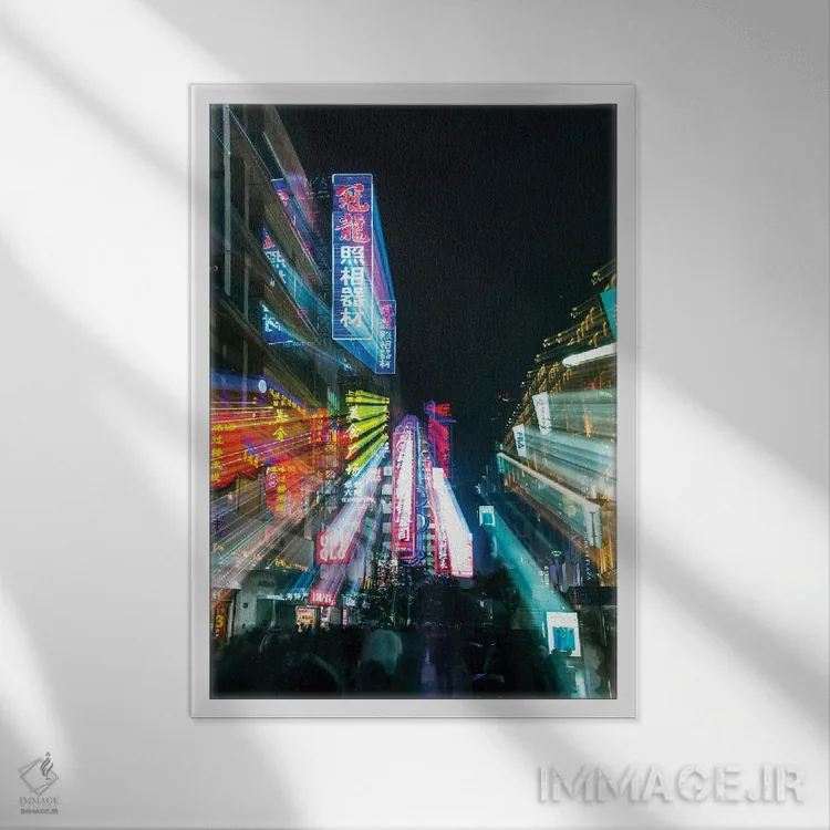 تابلو دکوراتیو Shanghai. Nanjing Road, neon sign blur.,چین، شانگهای. جاده نان… اثر راب تیلی - نمای قابدار سفید