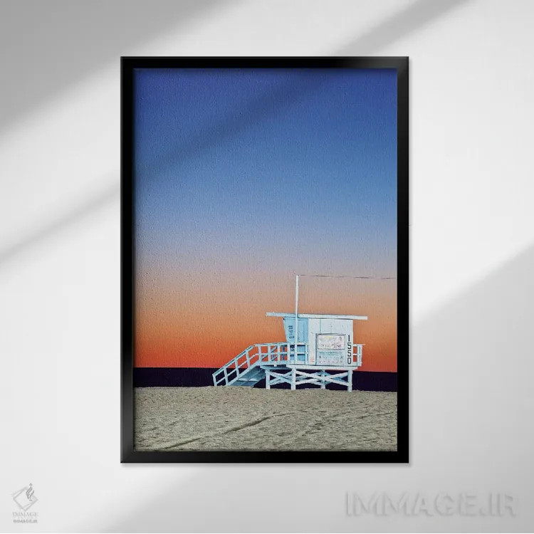 تابلو دکوراتیو Santa Monica Beach, Santa Monica, California, USA,کلبه نجات غر… اثر راب تیلی - نمای قابدار مشکی