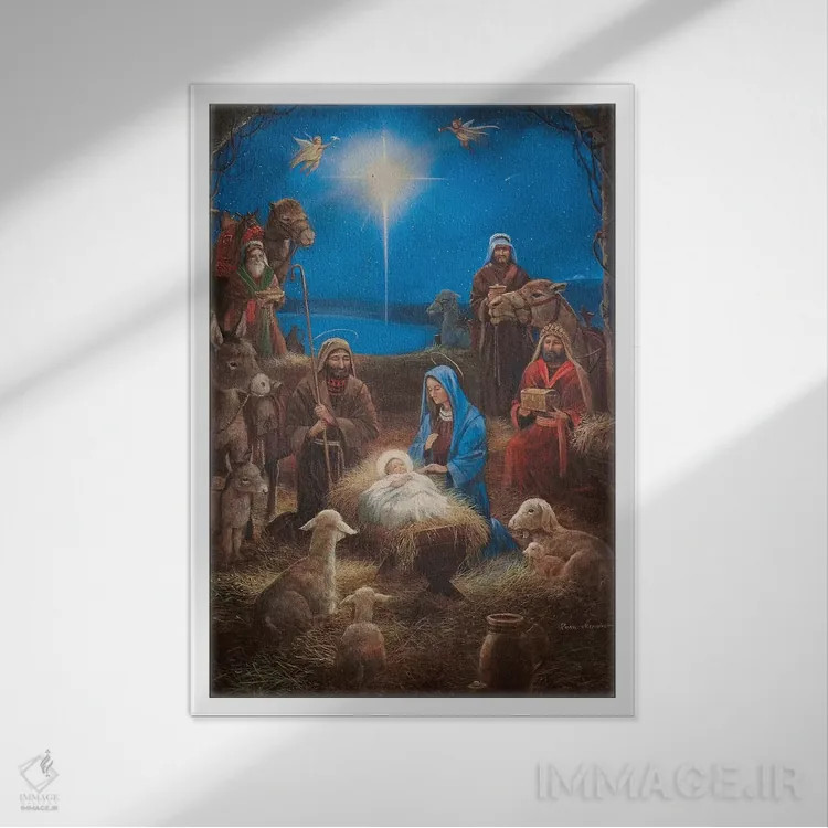 تابلو دکوراتیو تولد حضرت مسیح اثر روئن منینگ - نمای قابدار سفید