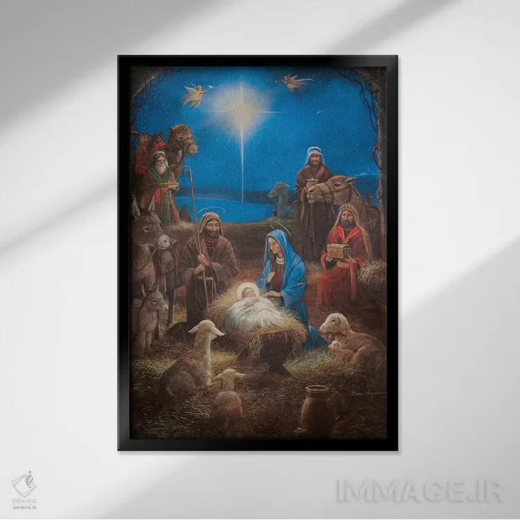 تابلو دکوراتیو تولد حضرت مسیح اثر روئن منینگ - نمای قابدار مشکی