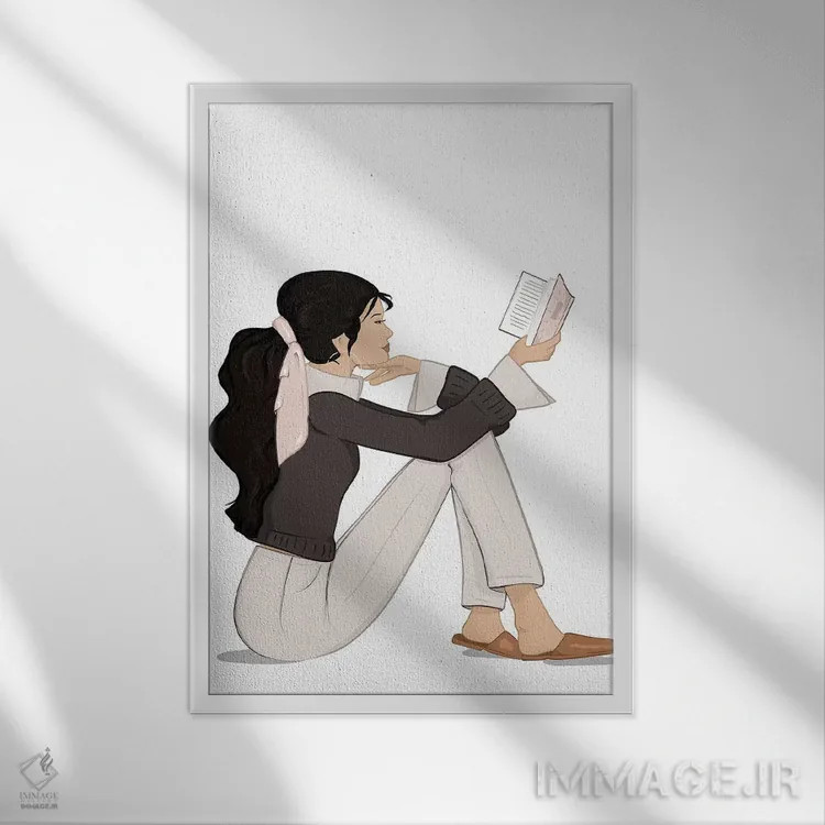 تابلو دکوراتیو مد کتاب خوان، پوست روشن، موی مشکی اثر سابینا فن - نمای قابدار سفید