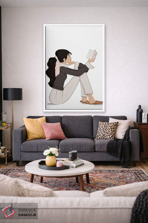 تابلو دکوراتیو مد کتاب خوان، پوست روشن، موی مشکی اثر سابینا فن - D1W
