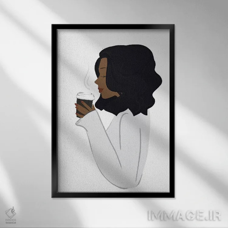 تابلو دکوراتیو Dark-Skinned, Black Hair,استراحت قهوه، پوست تیره، موهای مشکی اثر سابینا فن - نمای قابدار مشکی