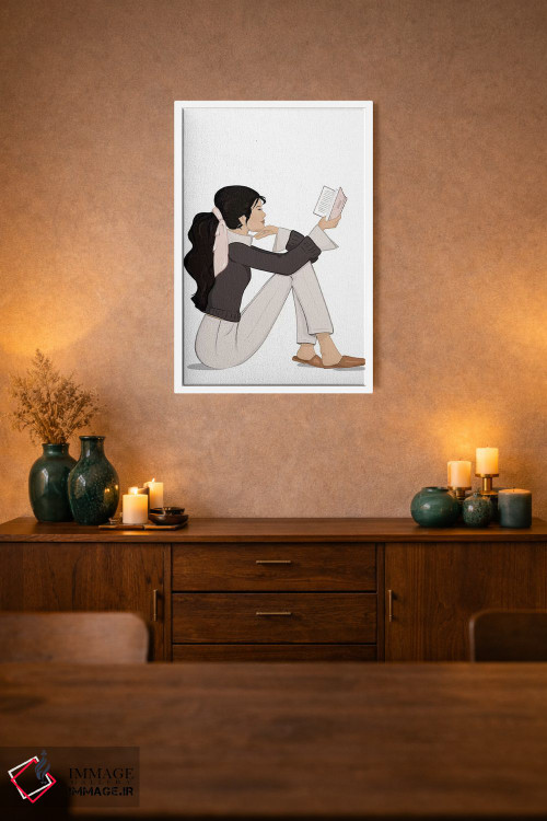 تابلو دکوراتیو مد کتاب خوان، پوست روشن، موی مشکی اثر سابینا فن - D2W