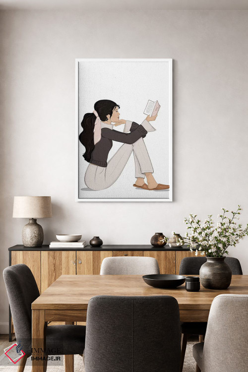 تابلو دکوراتیو مد کتاب خوان، پوست روشن، موی مشکی اثر سابینا فن - D3W