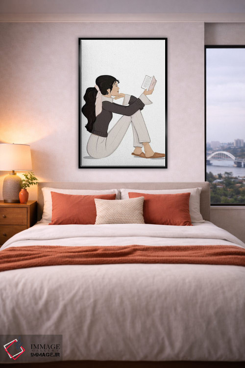 تابلو دکوراتیو مد کتاب خوان، پوست روشن، موی مشکی اثر سابینا فن - D5B