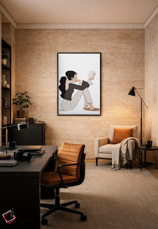 تابلو دکوراتیو مد کتاب خوان، پوست روشن، موی مشکی اثر سابینا فن - D6B