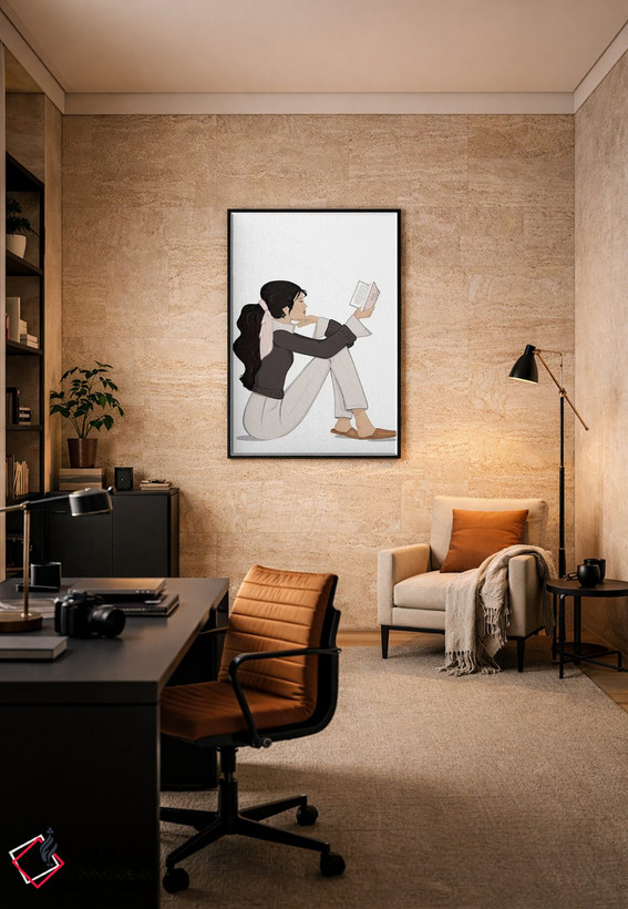 تابلو دکوراتیو مد کتاب خوان، پوست روشن، موی مشکی اثر سابینا فن - D6B