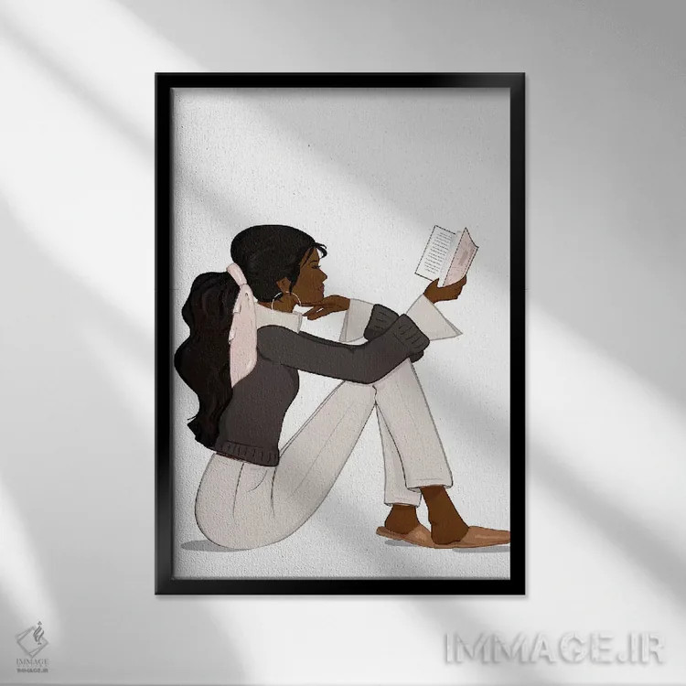 تابلو دکوراتیو Dark-Skinned, Black Hair,شیک عاشق کتاب، پوست تیره، موهای مشکی اثر سابینا فن - نمای قابدار مشکی