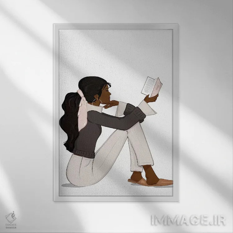 تابلو دکوراتیو Dark-Skinned, Black Hair,شیک عاشق کتاب، پوست تیره، موهای مشکی اثر سابینا فن - نمای قابدار سفید