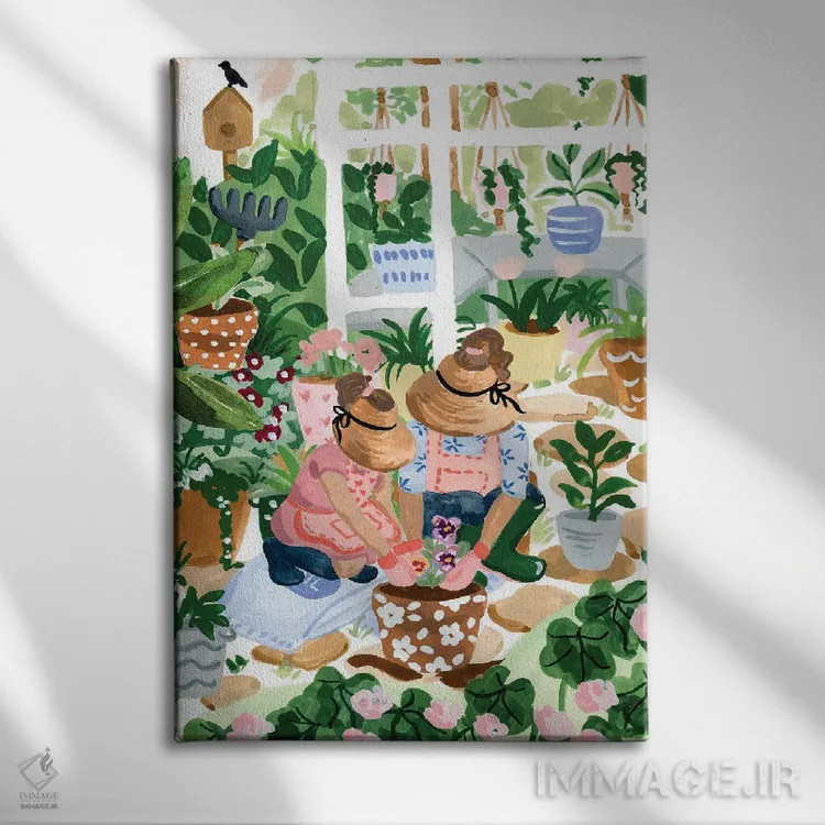 تابلو دکوراتیو باغبانی مادر و دختر اثر سابینا فن - نمای روبهرو روی دیوار