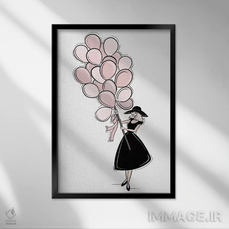 تابلو دکوراتیو بادکنک های صورتی اثر سابینا فن - نمای قابدار مشکی
