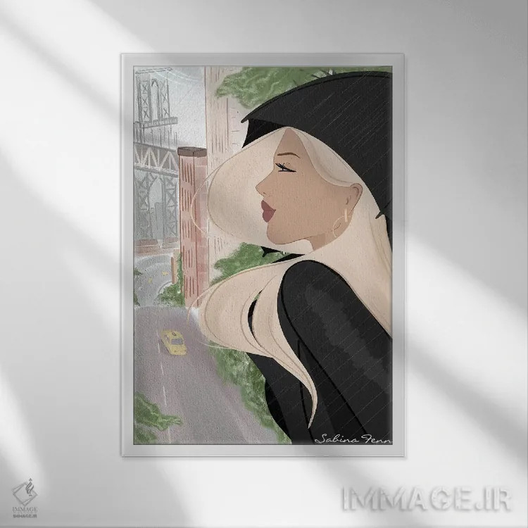 تابلو دکوراتیو روز بارانی در نیویورک اثر سابینا فن - نمای قابدار سفید