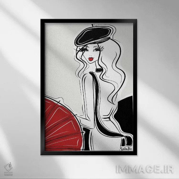 تابلو دکوراتیو چتر قرمز اثر سابینا فن - نمای قابدار مشکی