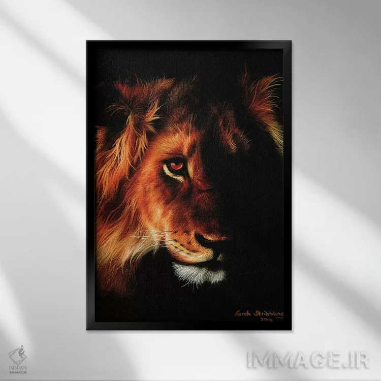 تابلو دکوراتیو شیر در غروب II اثر سارا استریبلینگ - نمای قابدار مشکی