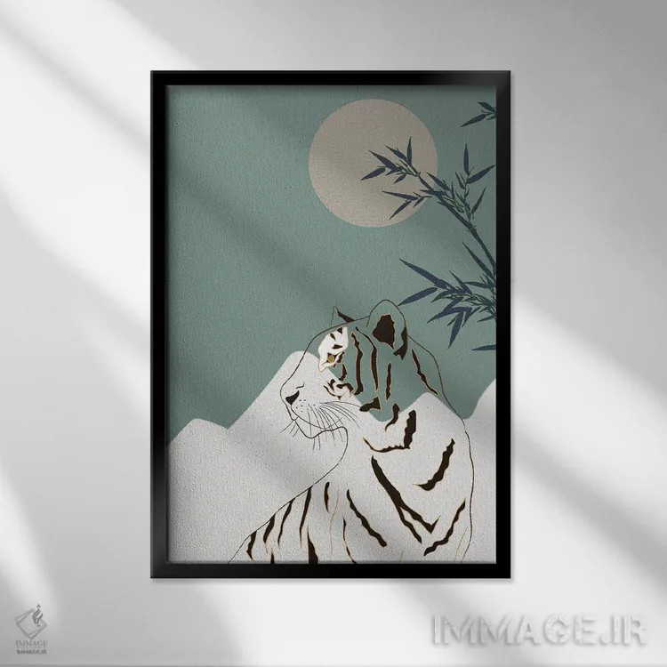 تابلو مینیمال هنر ژاپنی: ببر سفید اثر سابرینا بالبوئنا - نمای قابدار مشکی