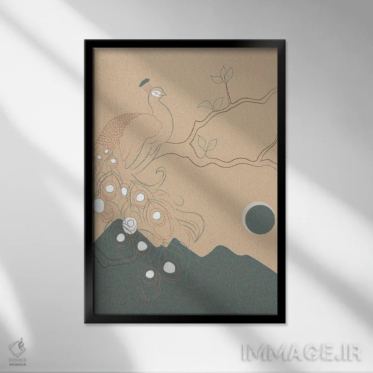 تابلو مینیمال هنر ژاپنی: طاووس روی درخت اثر سابرینا بالبوئنا - نمای قابدار مشکی