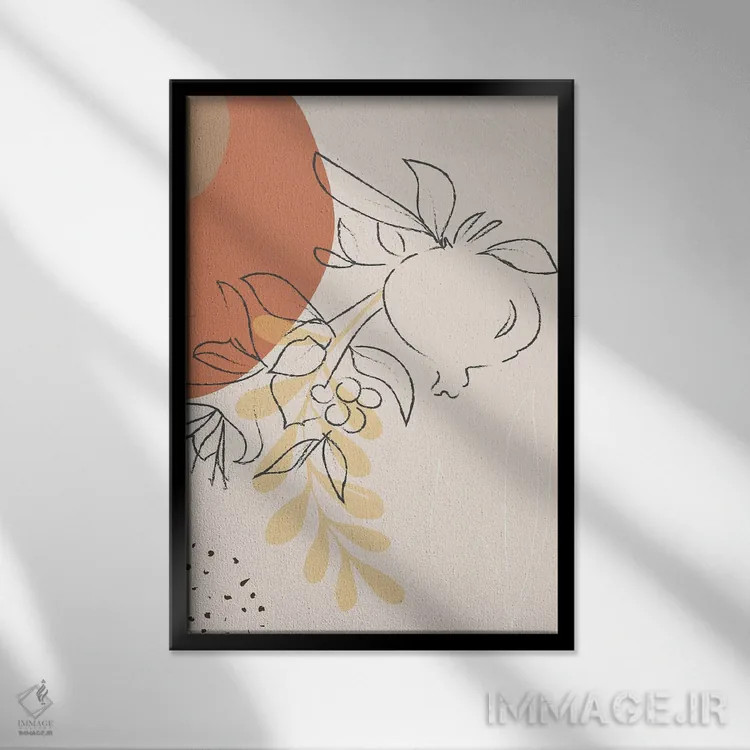 تابلو مینیمال شاخه میوه های استوایی و اشکال انتزاعی اثر سابرینا بالبوئنا - نمای قابدار مشکی