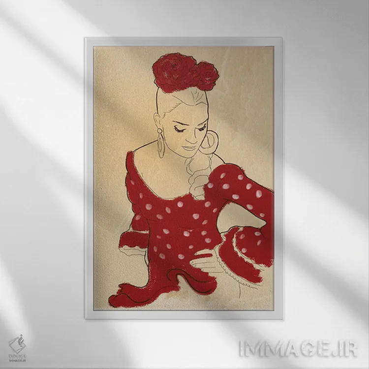 تابلو دکوراتیو رقصنده زن فلامنکو اسپانیایی با لباس خال خالی اثر سابرینا بالبوئنا - نمای قابدار سفید