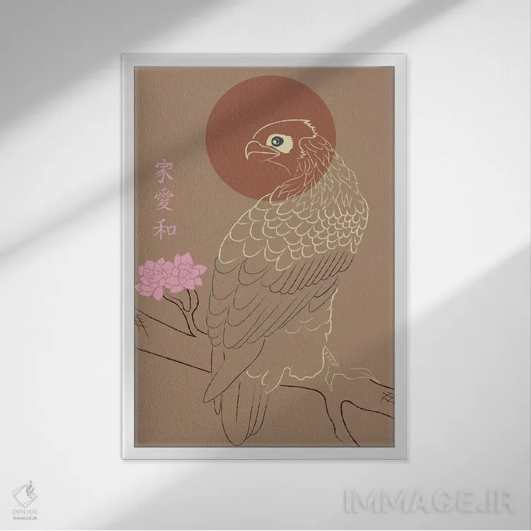 تابلو دکوراتیو طراحی سبک ژاپنی: عقاب واقعی روی درخت اثر سابرینا بالبوئنا - نمای قابدار سفید