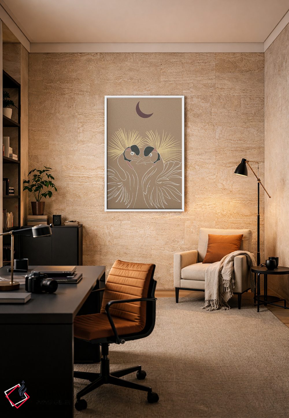 تابلو مینیمال هنر ژاپنی: دو درنای تاجدار و ماه اثر سابرینا بالبوئنا - D5W
