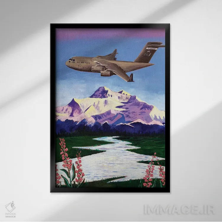 تابلو مدرن هواپیمای سی-۱۷ بر فراز دنالی اثر اسکات کلندنیل - نمای قابدار مشکی