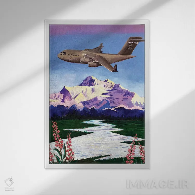 تابلو مدرن هواپیمای سی-۱۷ بر فراز دنالی اثر اسکات کلندنیل - نمای قابدار سفید