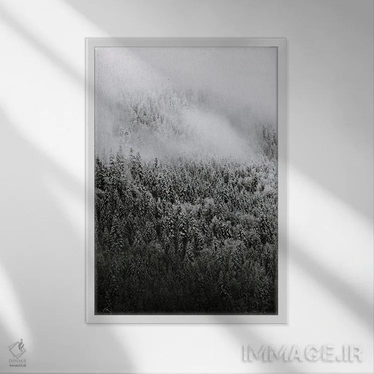 تابلو دکوراتیو جنگل مینیمالیستی و احساسی پوشیده از برف و مه اثر مایکل شاور - نمای قابدار سفید