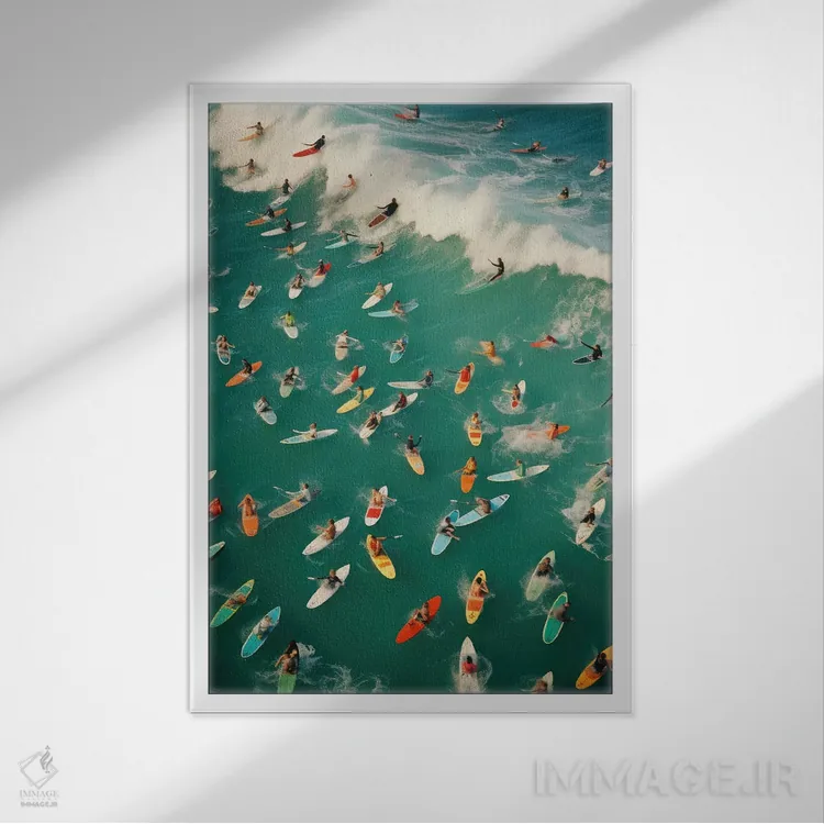 تابلو دکوراتیو موج سواران در تابستان اثر مایکل شاور - نمای قابدار سفید