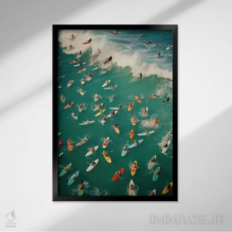 تابلو دکوراتیو موج سواران در تابستان اثر مایکل شاور - نمای قابدار مشکی