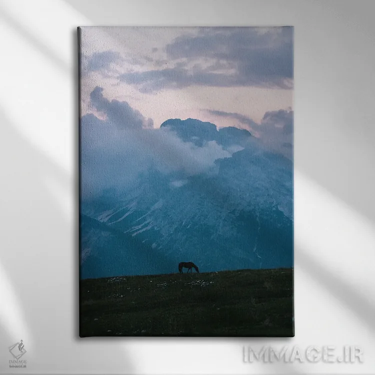 تابلو دکوراتیو اسب تنها در حال چرا در مقابل رشته کوه هنگام ساعت آبی اثر مایکل شاور - نمای روبهرو روی دیوار