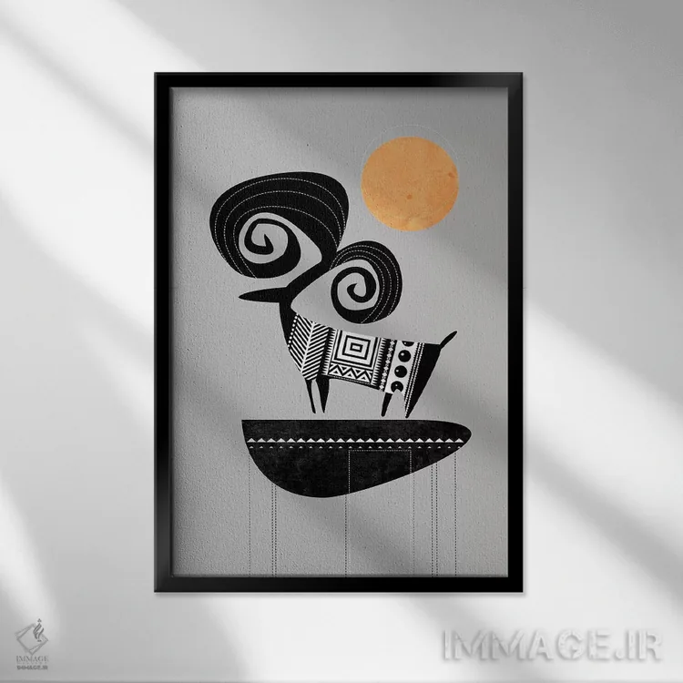تابلو دکوراتیو قوچ اثر هنر و تصویرسازی سول کاری - نمای قابدار مشکی