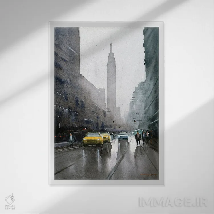 تابلو دکوراتیو New York,باران و شهر، نیویورک اثر سواروپ دانداپات - نمای قابدار سفید