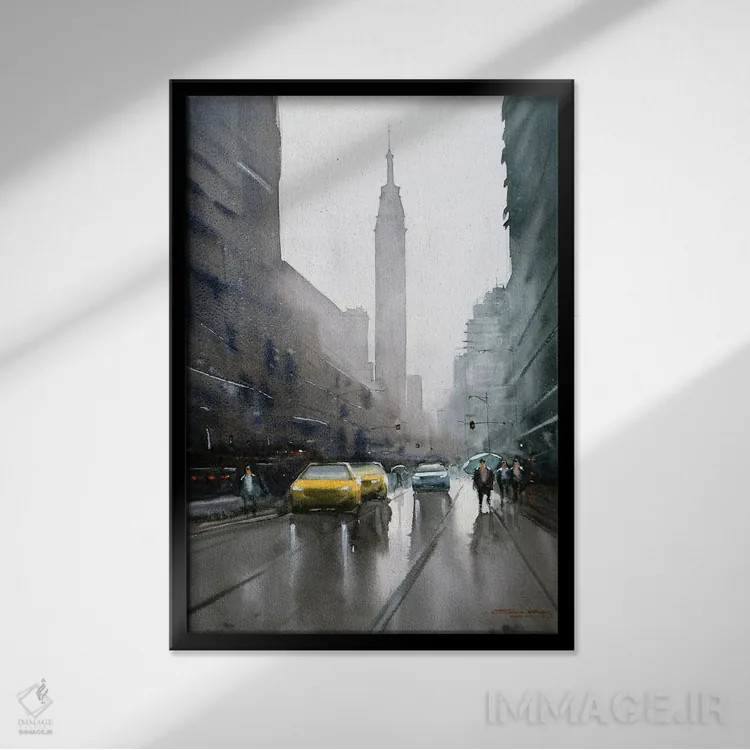 تابلو دکوراتیو New York,باران و شهر، نیویورک اثر سواروپ دانداپات - نمای قابدار مشکی
