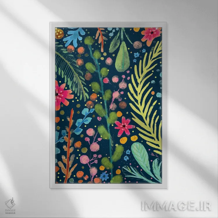 تابلو دکوراتیو چمنزارها بر زمینه آبی اثر سیلوی دمر - نمای قابدار سفید
