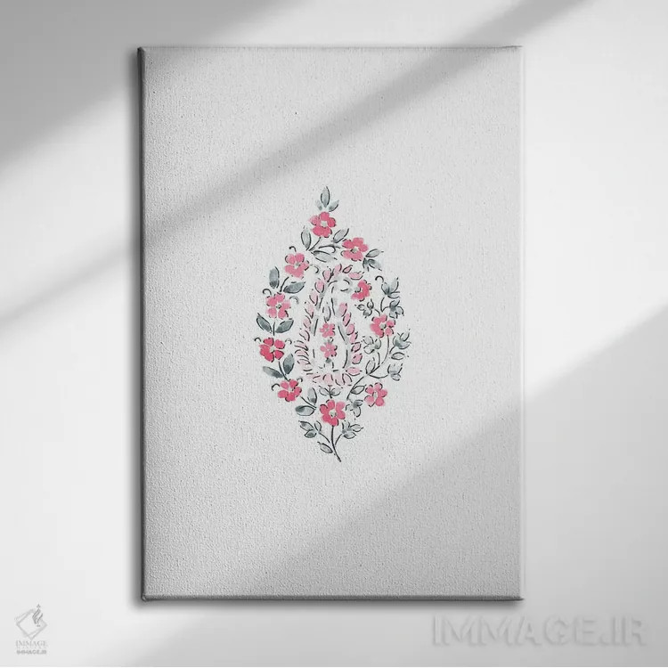 تابلو مینیمال نقش بته جقه آبرنگی شماره ۲ اثر ملیسا سلمین - نمای روبهرو روی دیوار