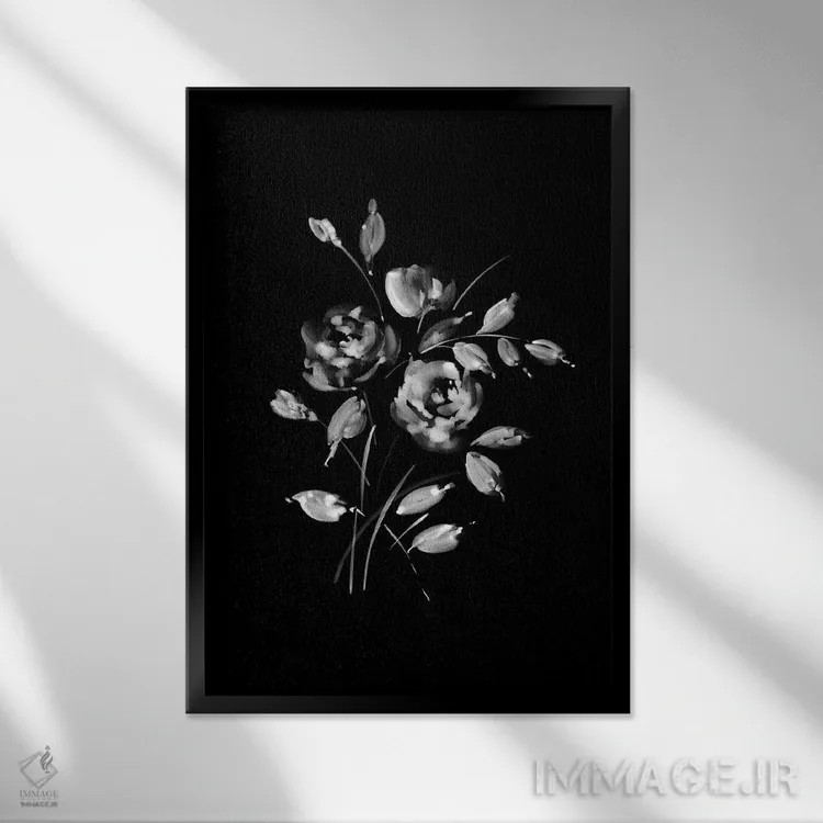 تابلو مینیمال دسته گل سفید اثر ملیسا سلمین - نمای قابدار مشکی