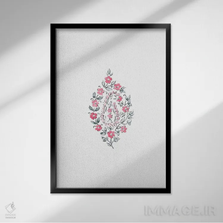 تابلو مینیمال نقش بته جقه آبرنگی شماره ۲ اثر ملیسا سلمین - نمای قابدار مشکی