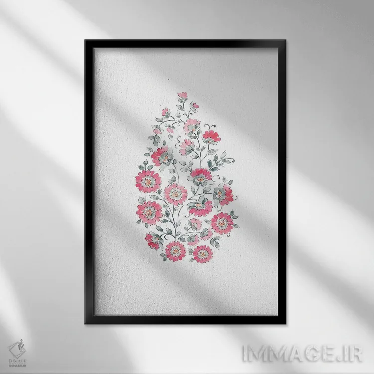 تابلو مینیمال نقش بته جقه آبرنگی شماره ۳ اثر ملیسا سلمین - نمای قابدار مشکی