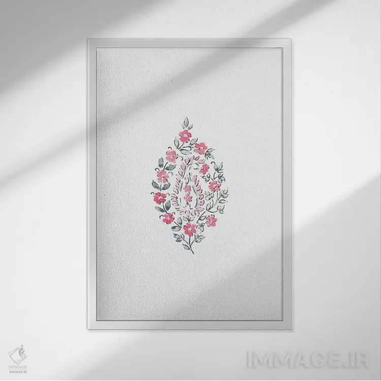 تابلو مینیمال نقش بته جقه آبرنگی شماره ۲ اثر ملیسا سلمین - نمای قابدار سفید