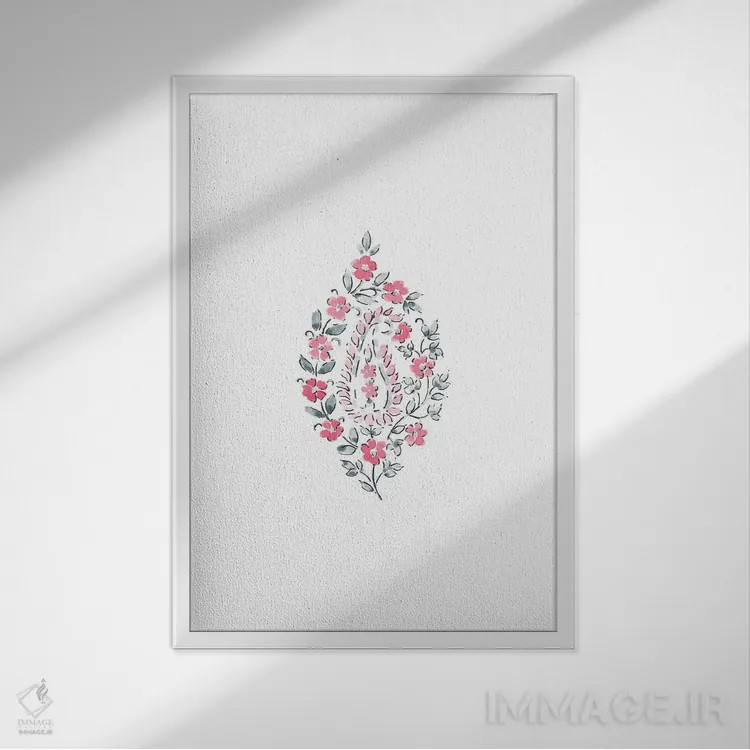 تابلو مینیمال نقش بته جقه آبرنگی شماره ۲ اثر ملیسا سلمین - نمای قابدار سفید