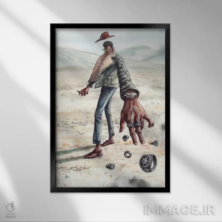 تابلو دکوراتیو مرد صحرا با حلقه های فراوان اثر سان فلومن - نمای قابدار مشکی