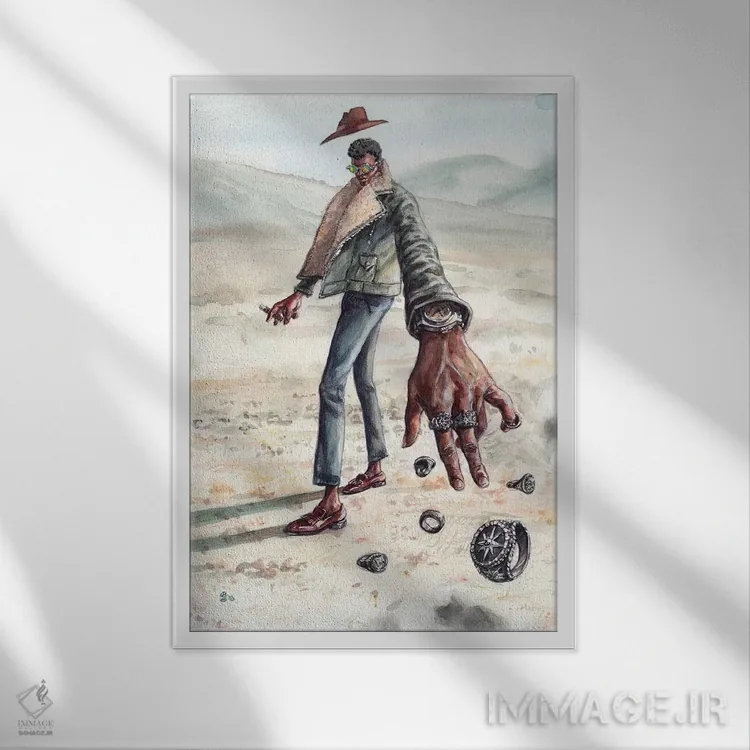تابلو دکوراتیو مرد صحرا با حلقه های فراوان اثر سان فلومن - نمای قابدار سفید