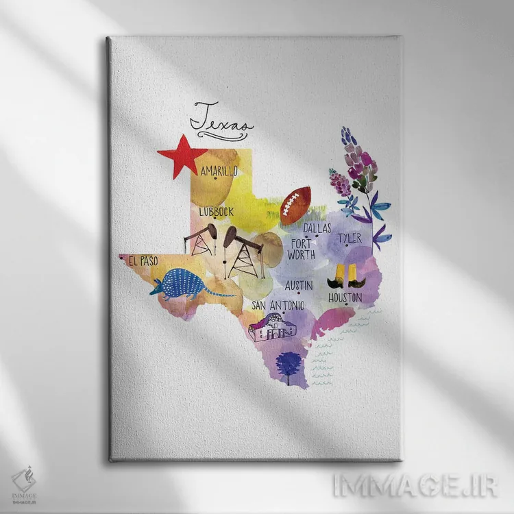 تابلو دکوراتیو نقشه تگزاس اثر سارا فرانکلین - نمای روبهرو روی دیوار